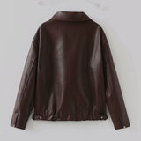 Solid Color Faux Leather Lapel Zipper Jacket