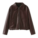 Solid Color Faux Leather Lapel Zipper Jacket