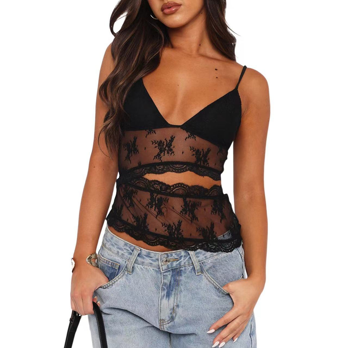 Sheer Lace V Neck Cami Top Sexy Y2K Outfit