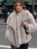 Women wearing plush faux fur coats in different colors—light beige, black, and gray—and posing outdoors in casual winter outfits.