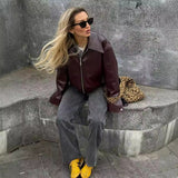 Solid Color Faux Leather Lapel Zipper Jacket