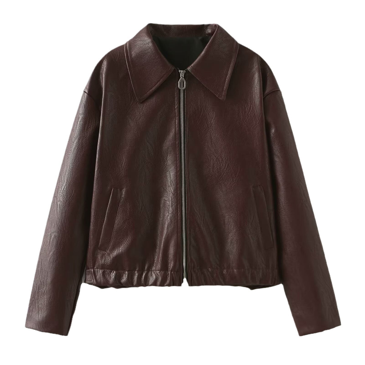 Solid Color Faux Leather Lapel Zipper Jacket