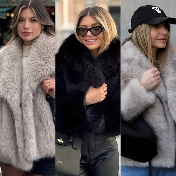 Three women are wearing plush faux fur coats in different colors—light beige, black, and gray—and posing outdoors in casual winter outfits.