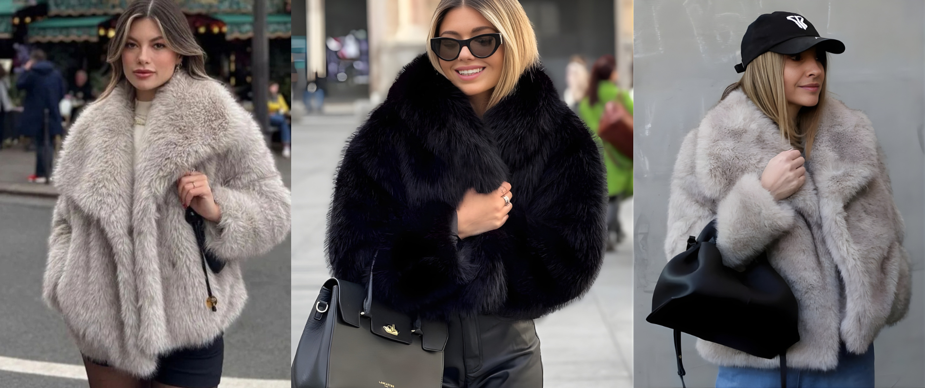 Three women are wearing plush faux fur coats in different colors—light beige, black, and gray—and posing outdoors in casual winter outfits.